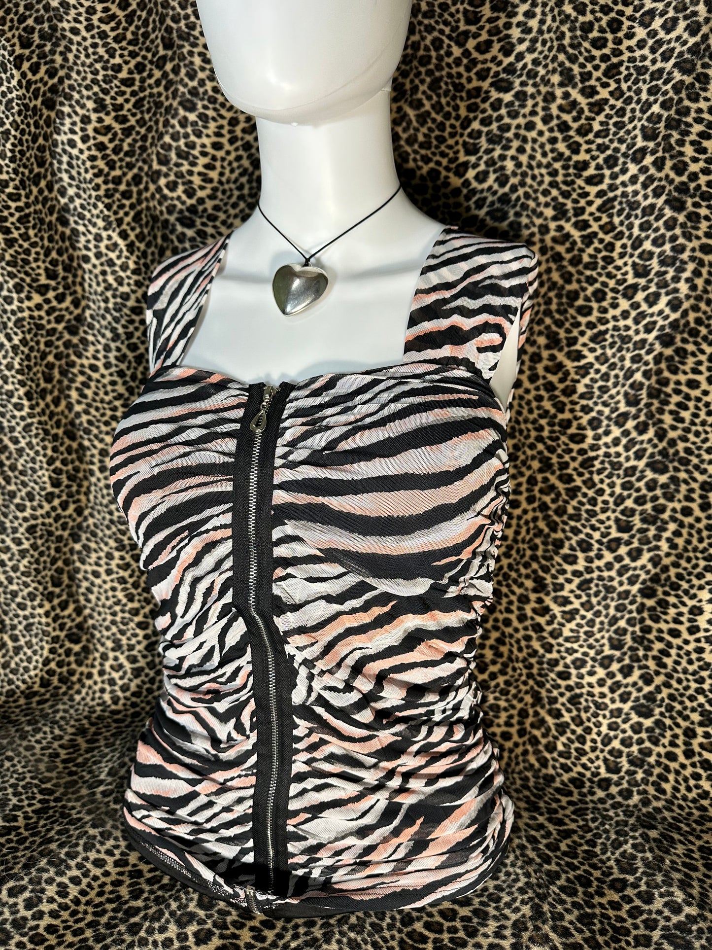 (M-L)mcbling zebra print zip up tank top
