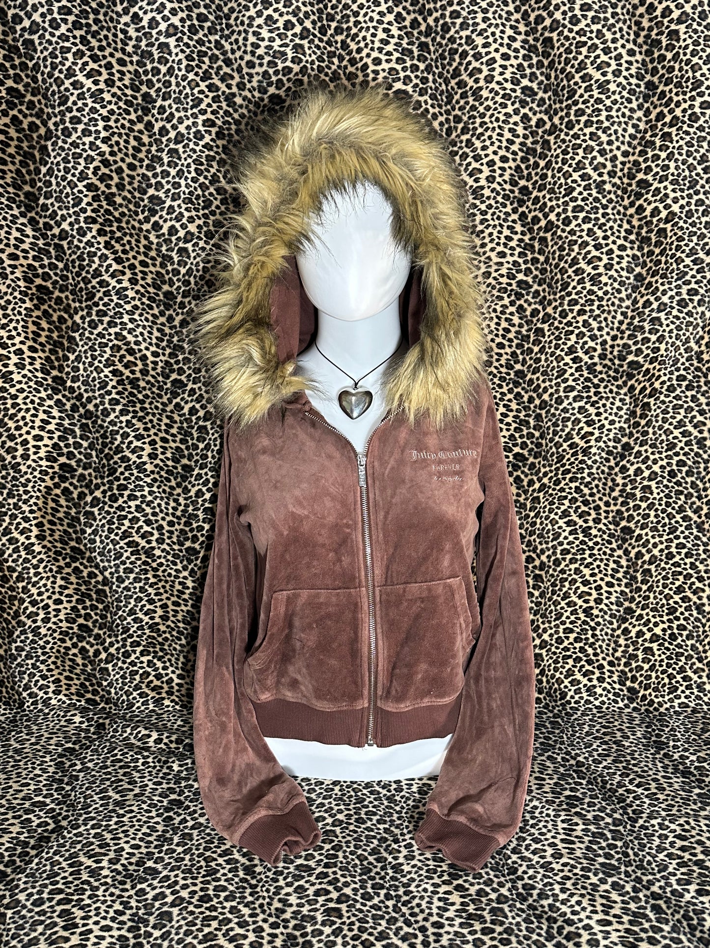 (S)reworked juicy couture brown velour fur zip up