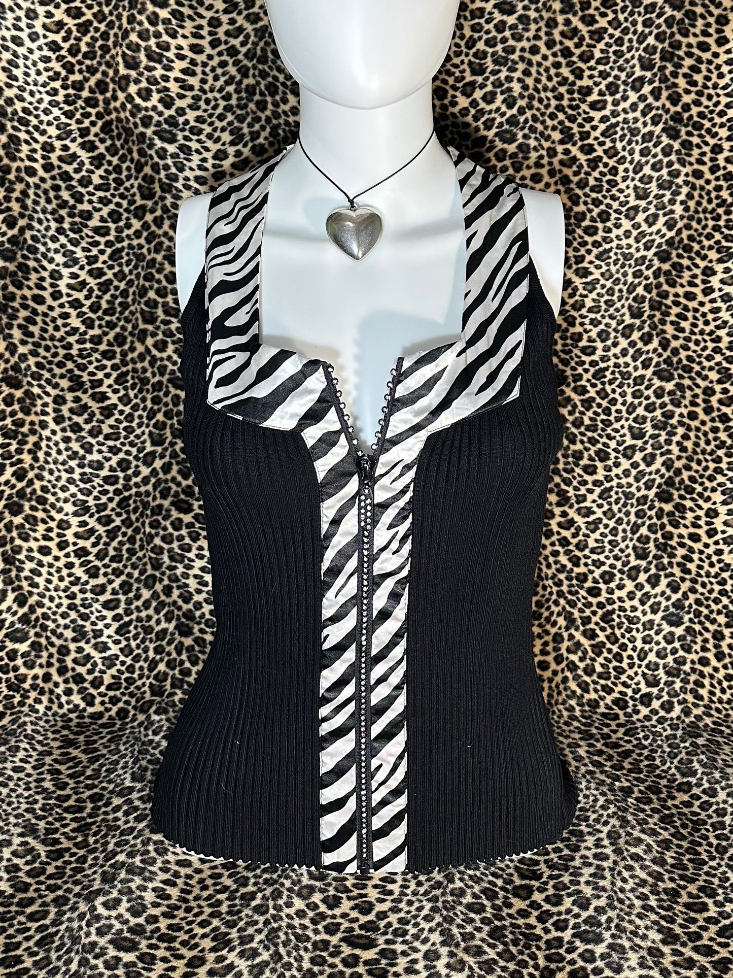 (S)mcbling zebra print zip up tank top