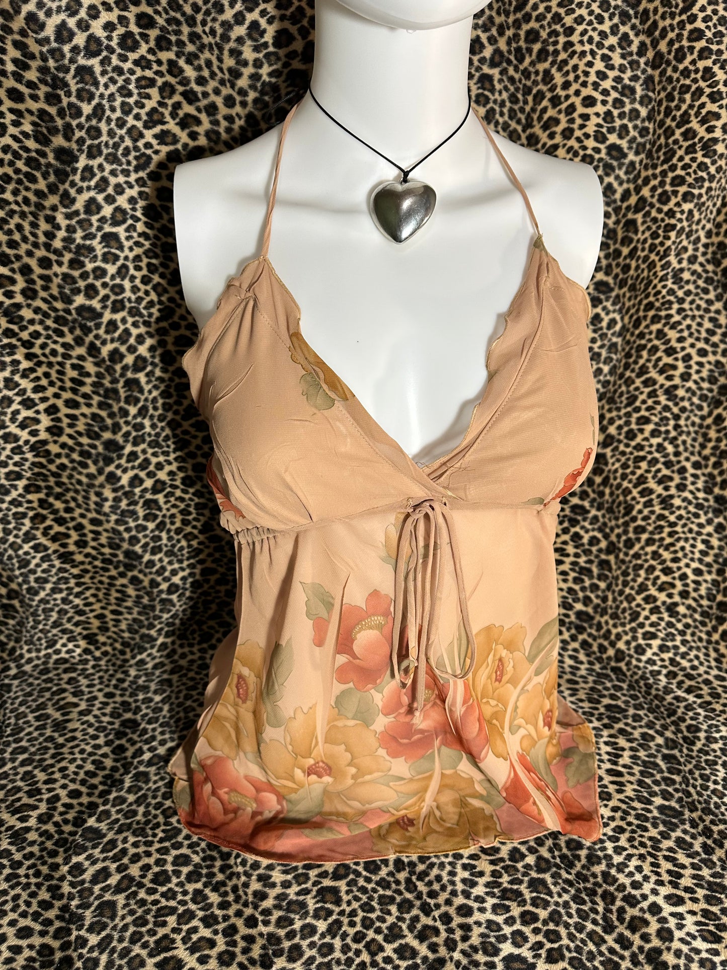 (S-M) early 2000s floral mesh halter tank top
