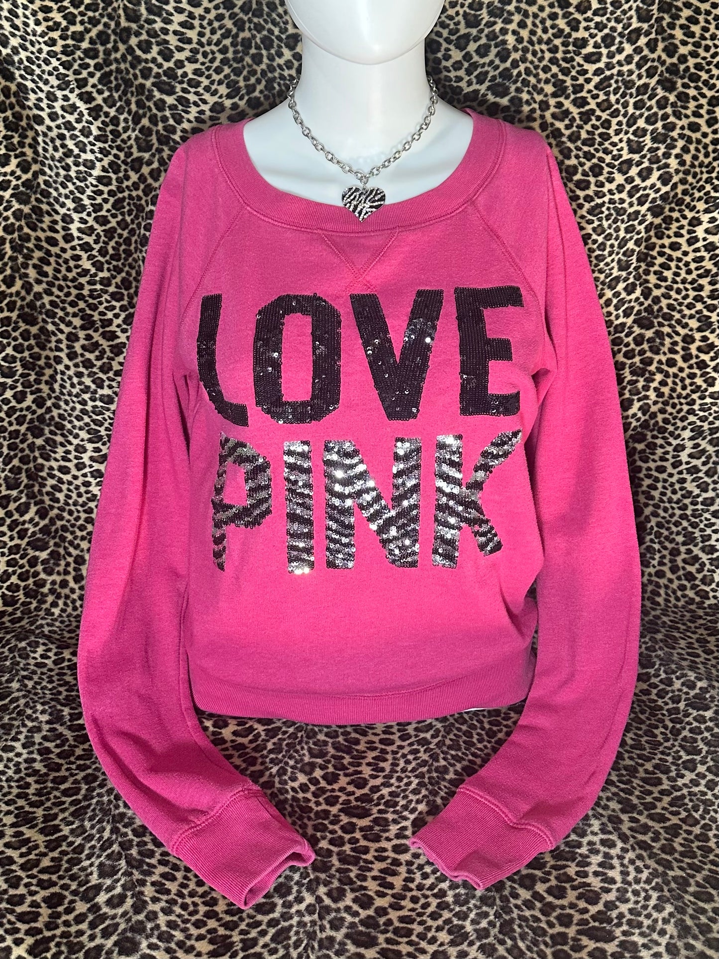 (XS)vs pink “love pink” zebra print sequin sweater