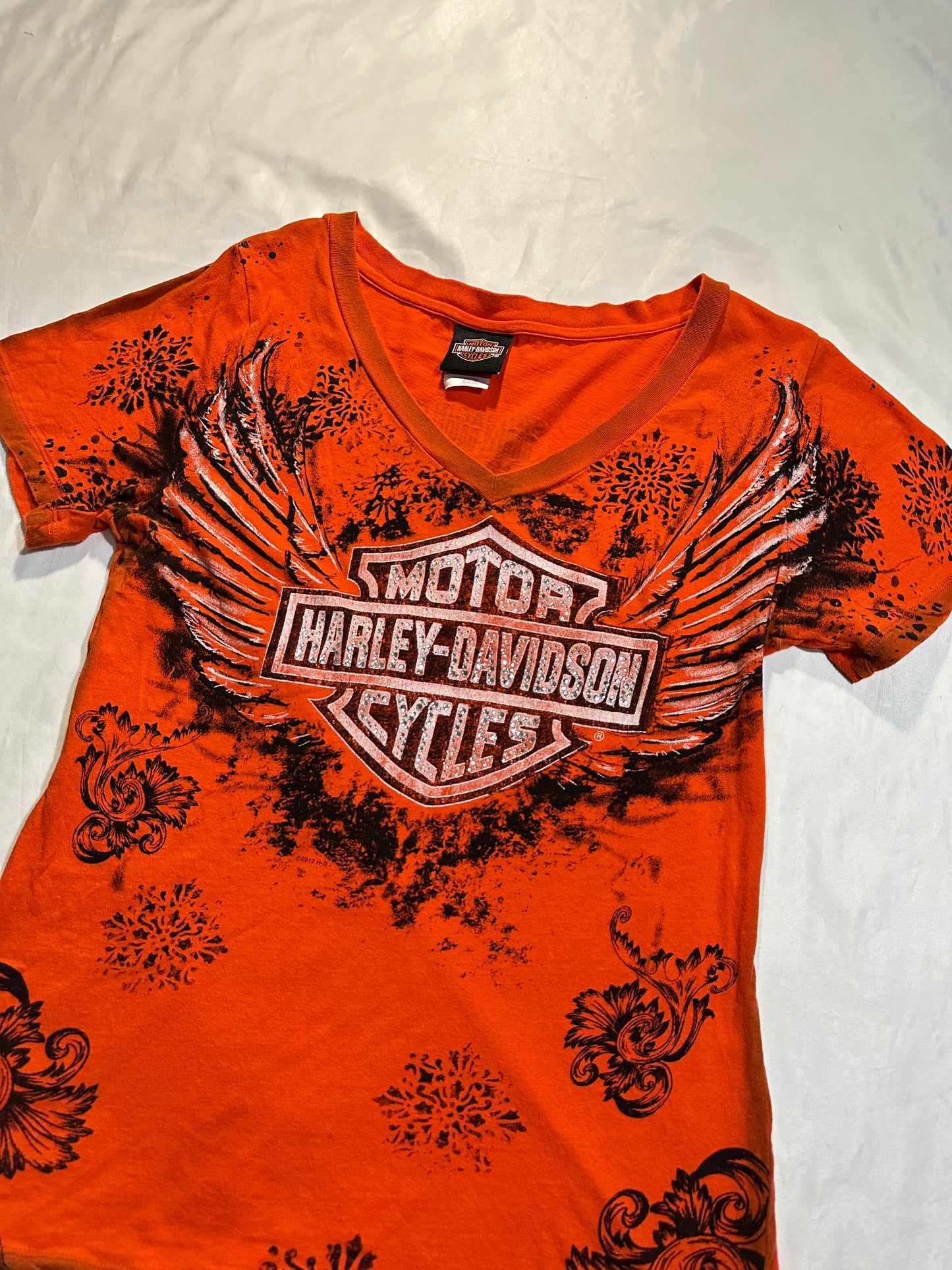 (L)bedazzled wings orange harley davidson top
