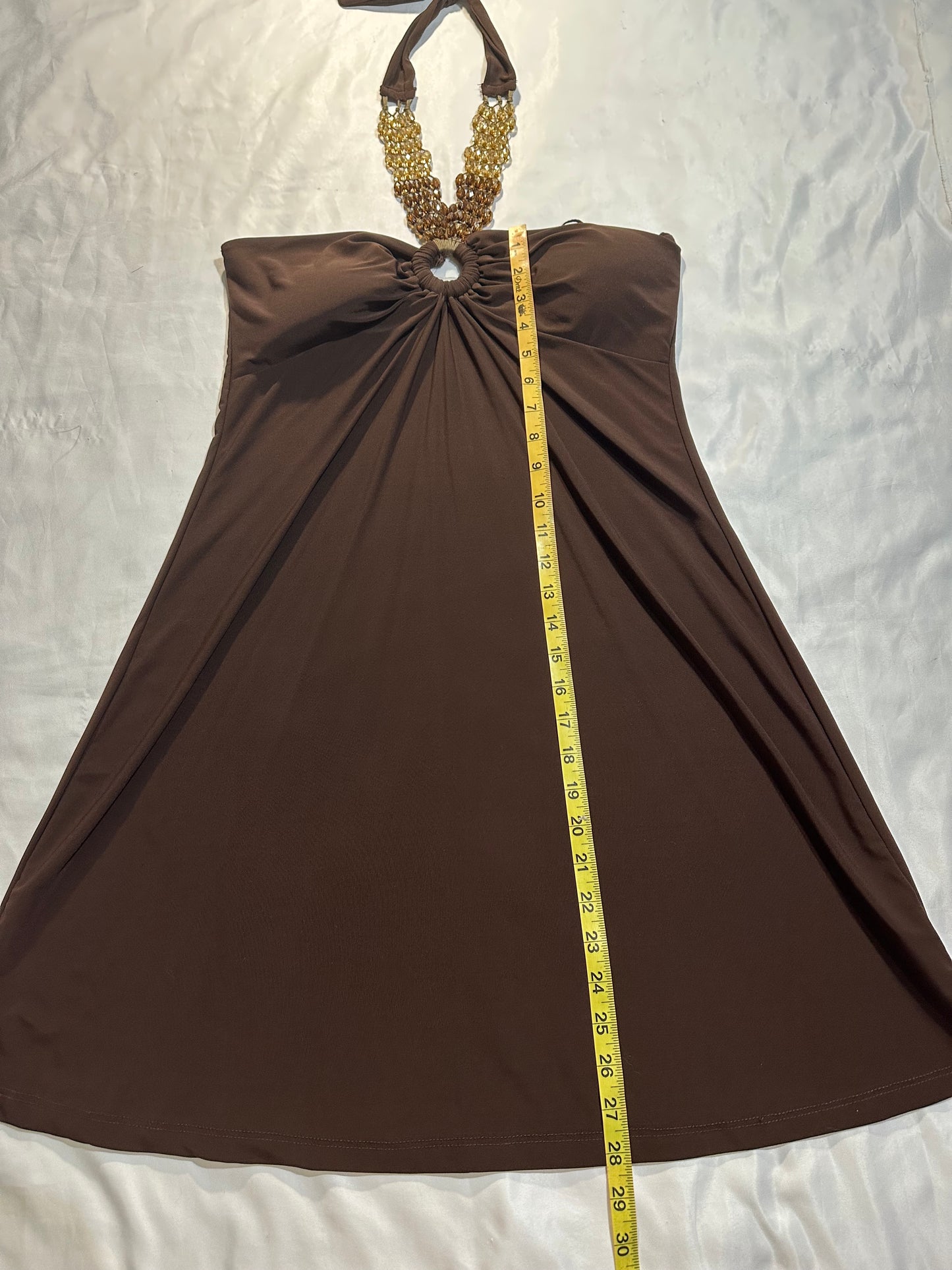 (XL)brown summer beaded halter dress