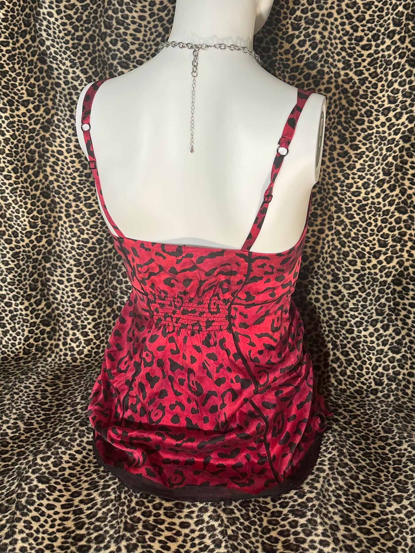 (M)red leopard print silk cami tank top