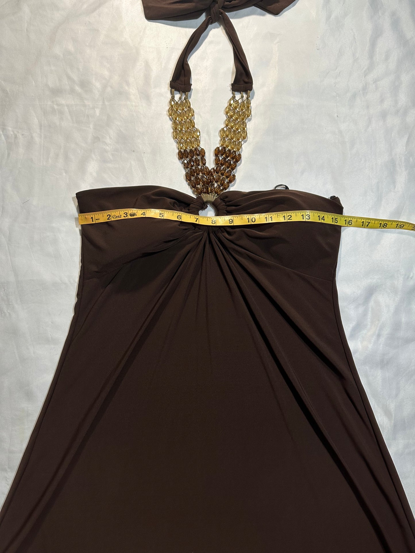 (XL)brown summer beaded halter dress