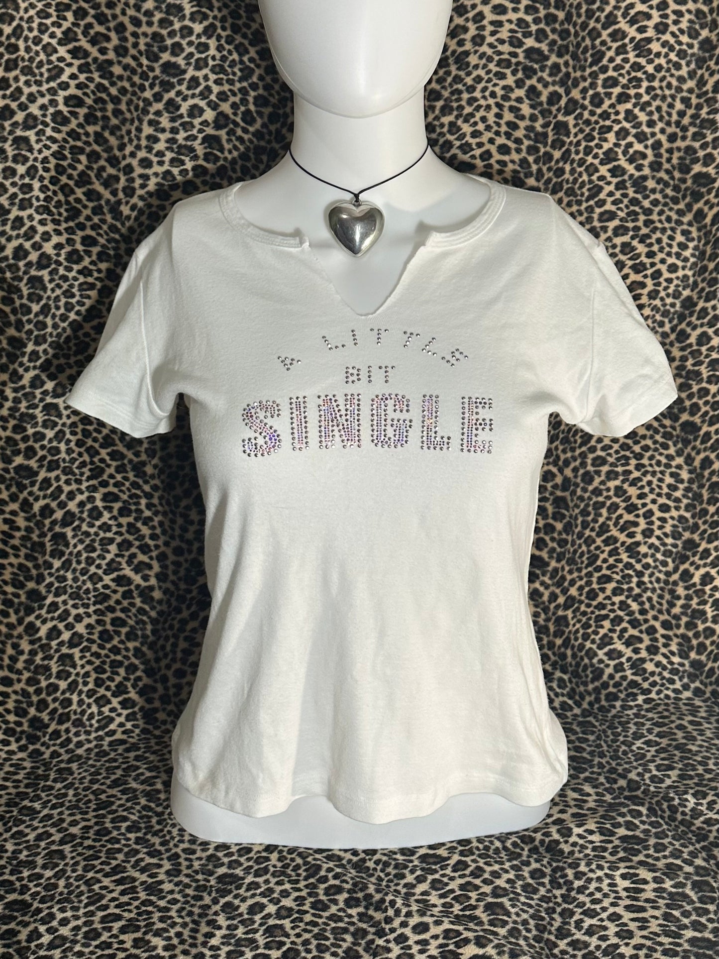 (M)early 2000s “a little bit single” bedazzled baby tee