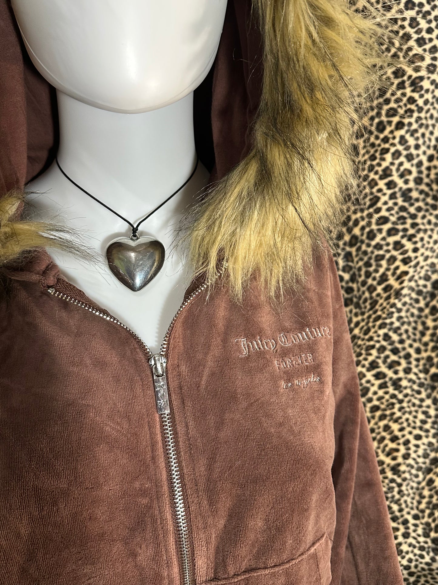 (S)reworked juicy couture brown velour fur zip up