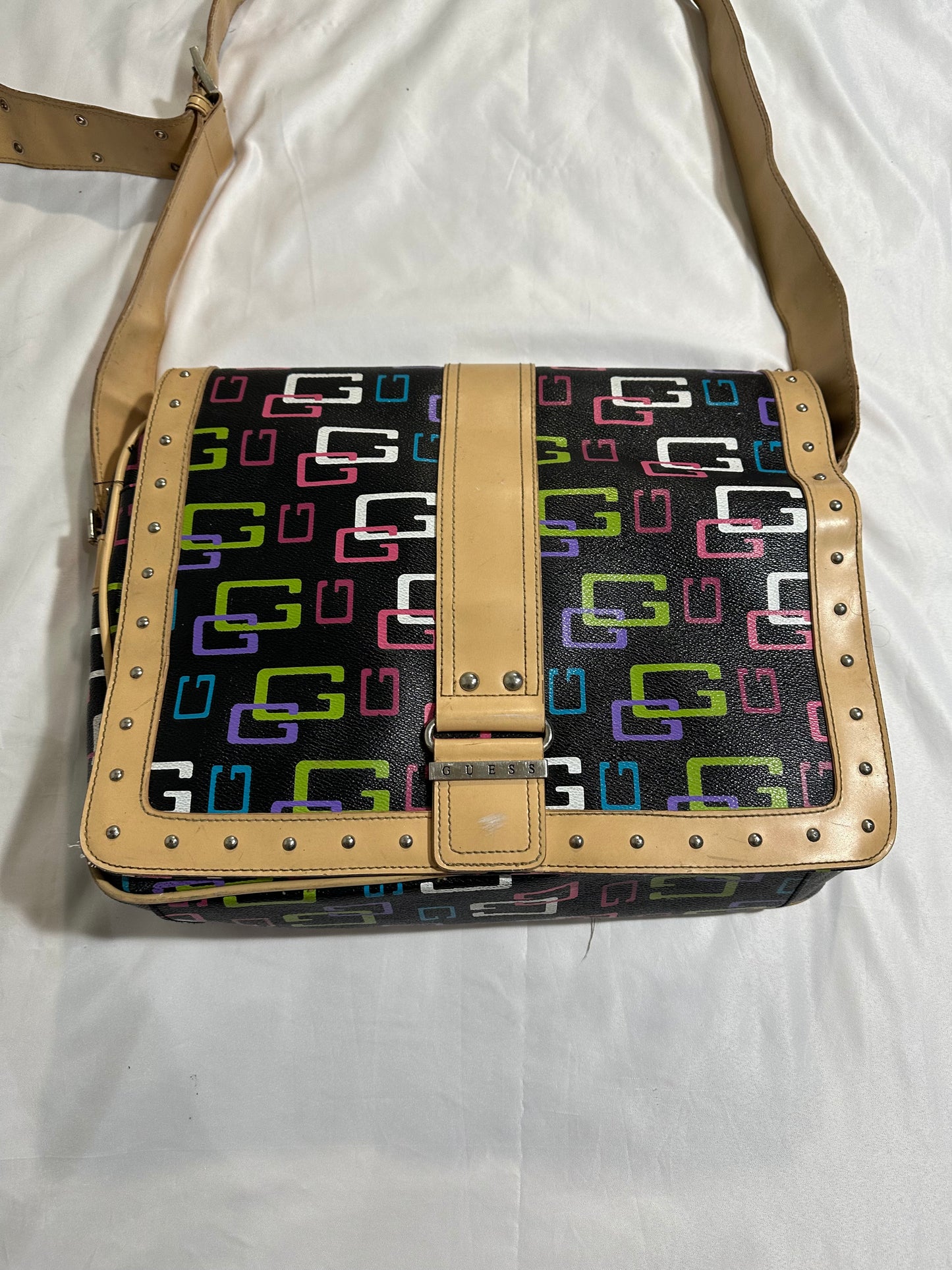early 2000s guess monogram belted messenger bag