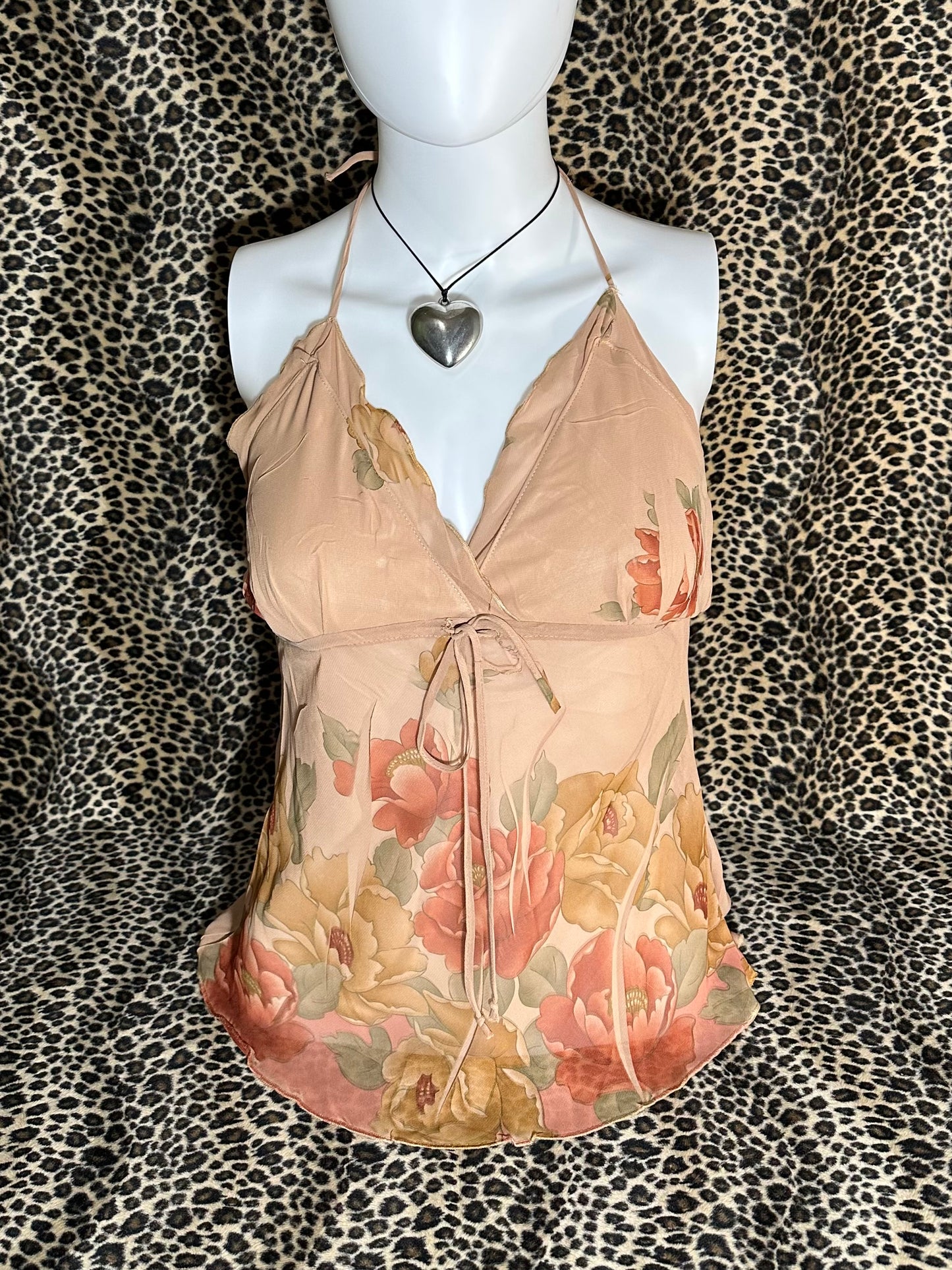 (S-M) early 2000s floral mesh halter tank top