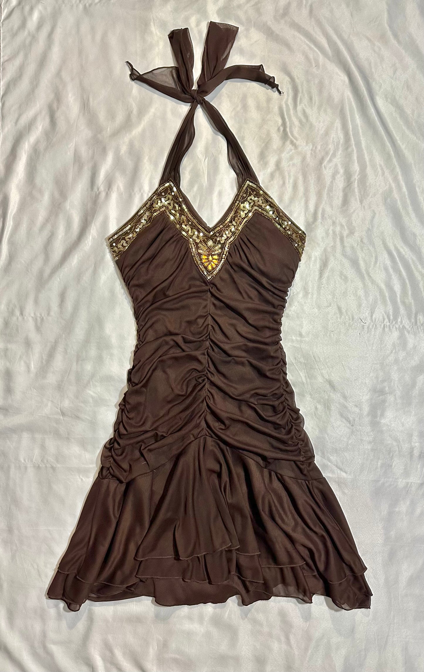 (M-L)early 2000s halter brown dress