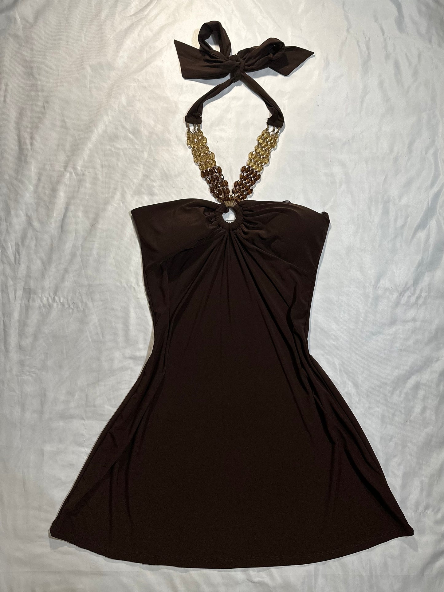 (XL)brown summer beaded halter dress
