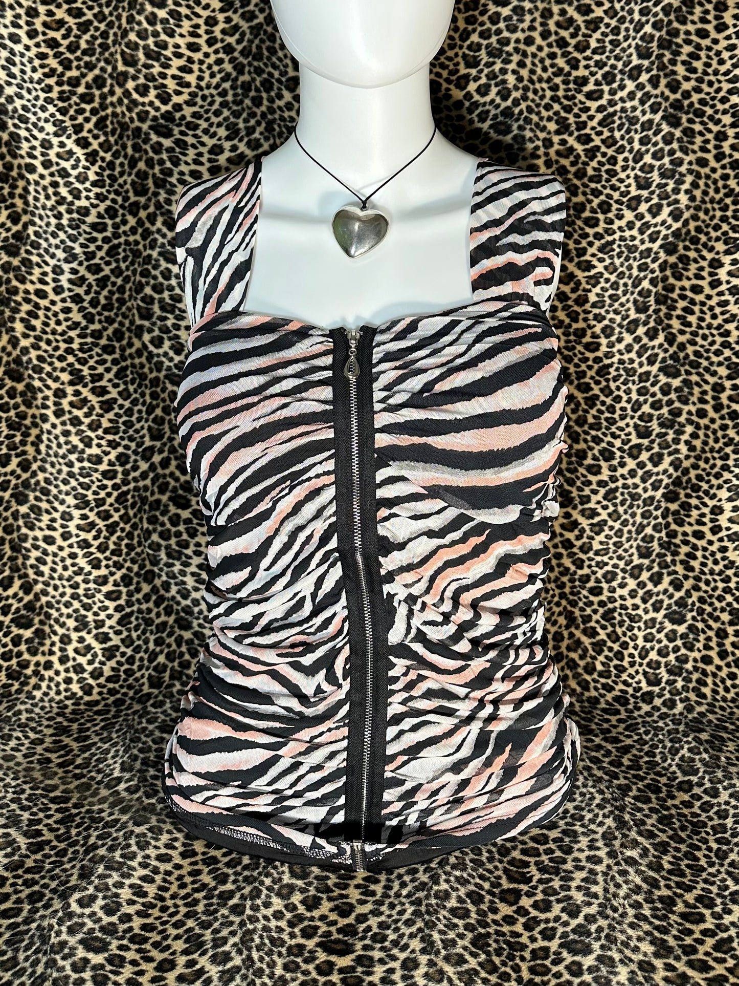 (M-L)mcbling zebra print zip up tank top