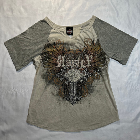 (L/XL)bedazzled harley davidson wings top