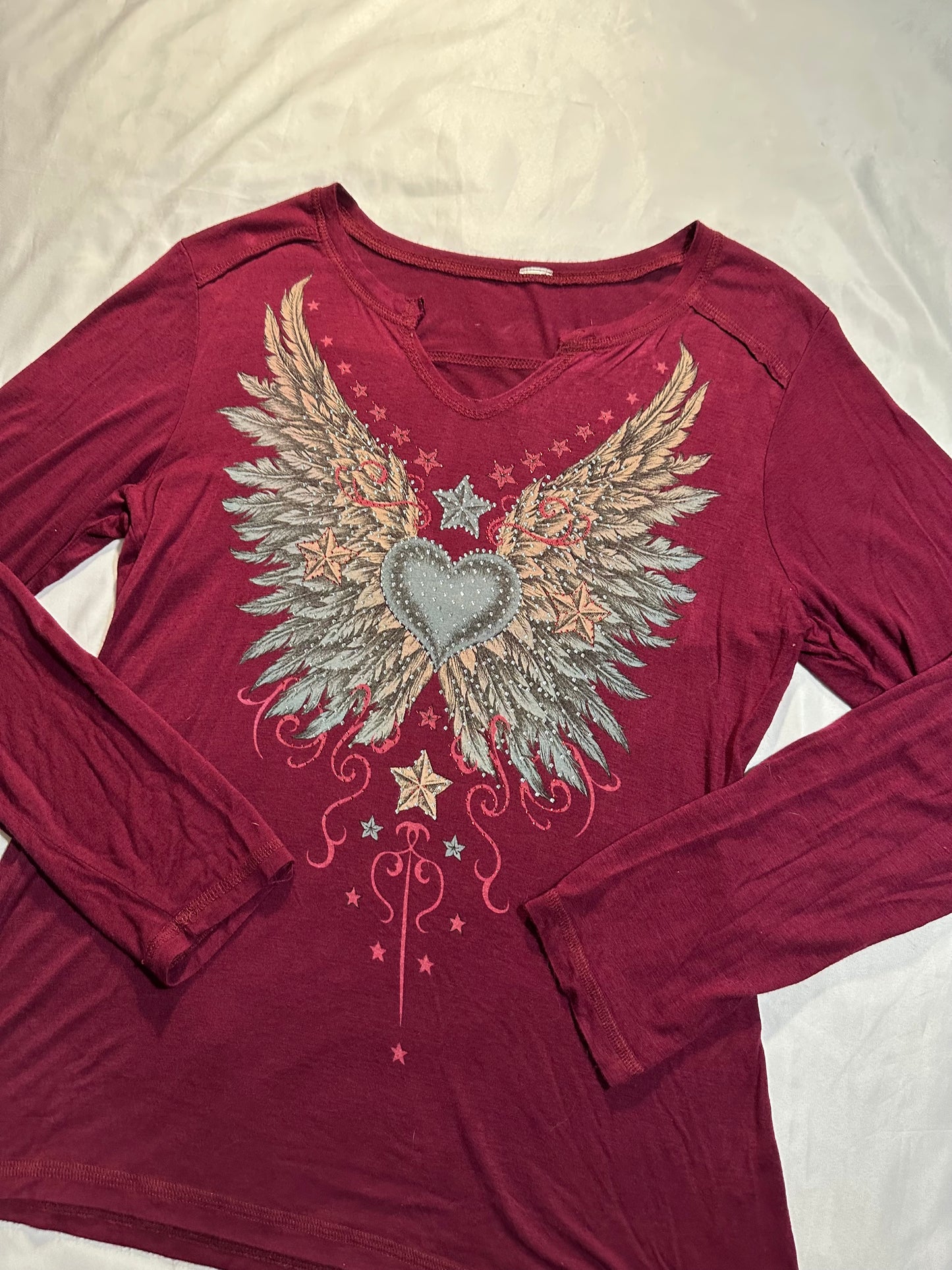 (XL)maroon cyber y2k angel wings long sleeve