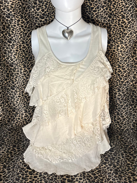 (M)2014 styled beige lace ruffle tank top