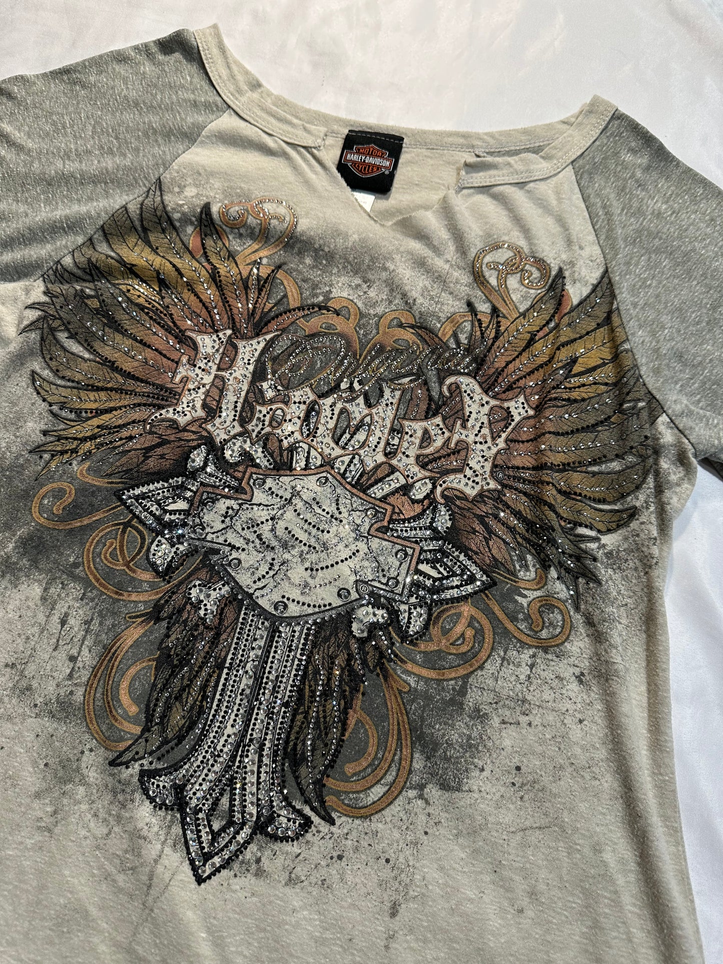 (L/XL)bedazzled harley davidson wings top