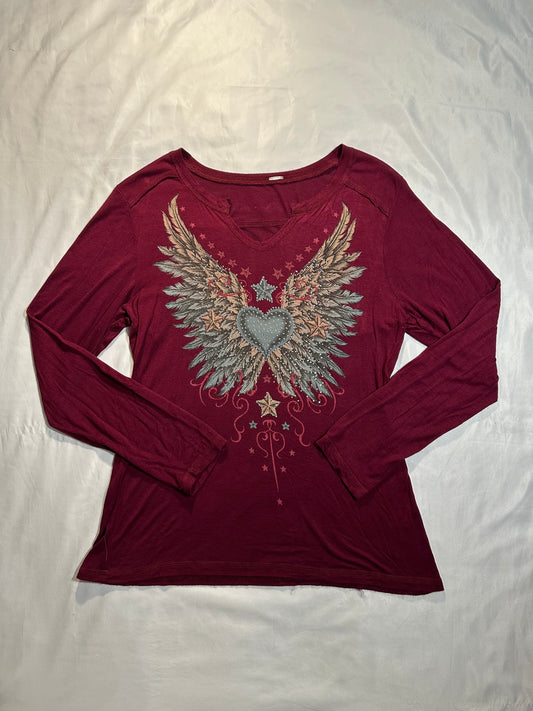 (XL)maroon cyber y2k angel wings long sleeve