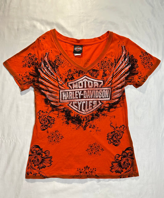 (L)bedazzled wings orange harley davidson top