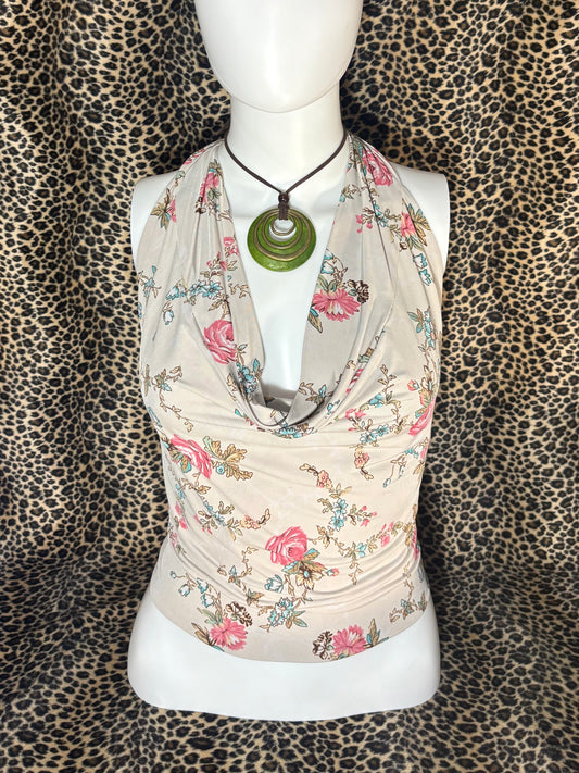 (S)early 2000s backless floral halter tank top