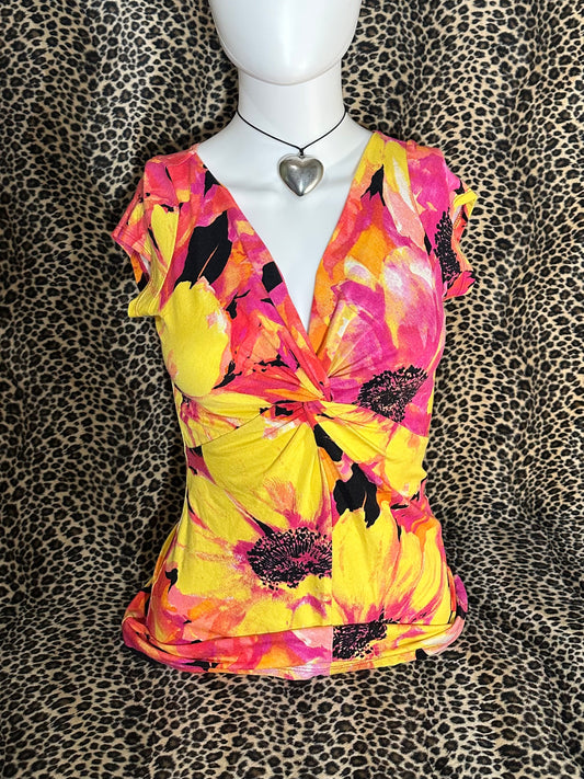 (S)vtg caché floral form fitted top