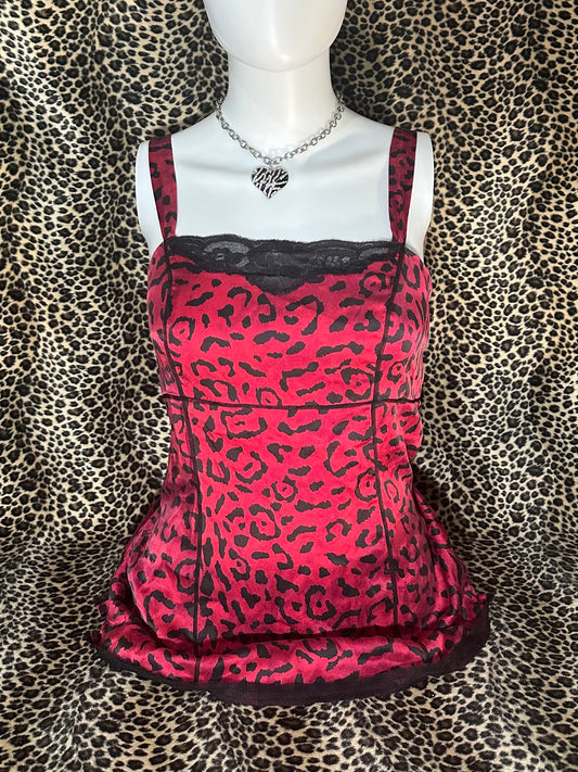 (M)red leopard print silk cami tank top