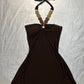 (XL)brown summer beaded halter dress