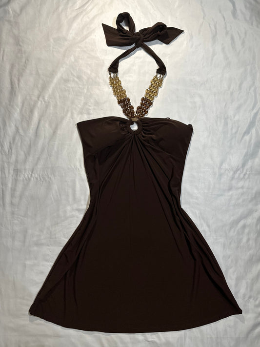 (XL)brown summer beaded halter dress